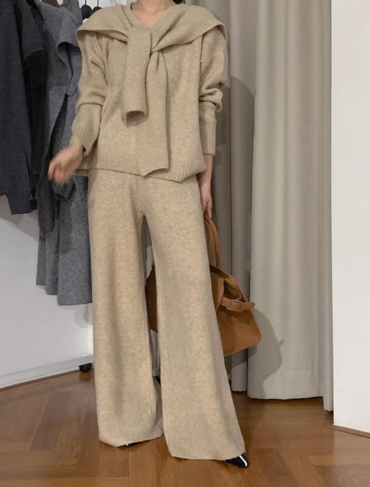 [노멀마미] 플리아 브이넥 니트 숄 바지 셋업 세트