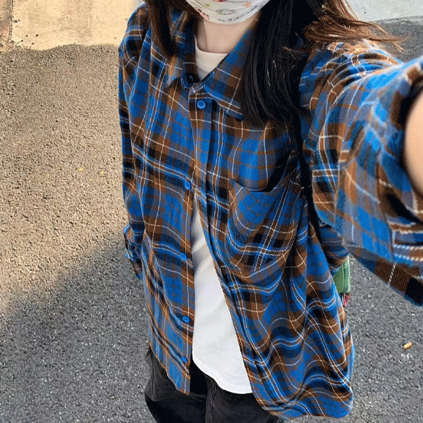 [힙무드/데일리] 라뷔스 루즈핏 블루 체크 셔츠
