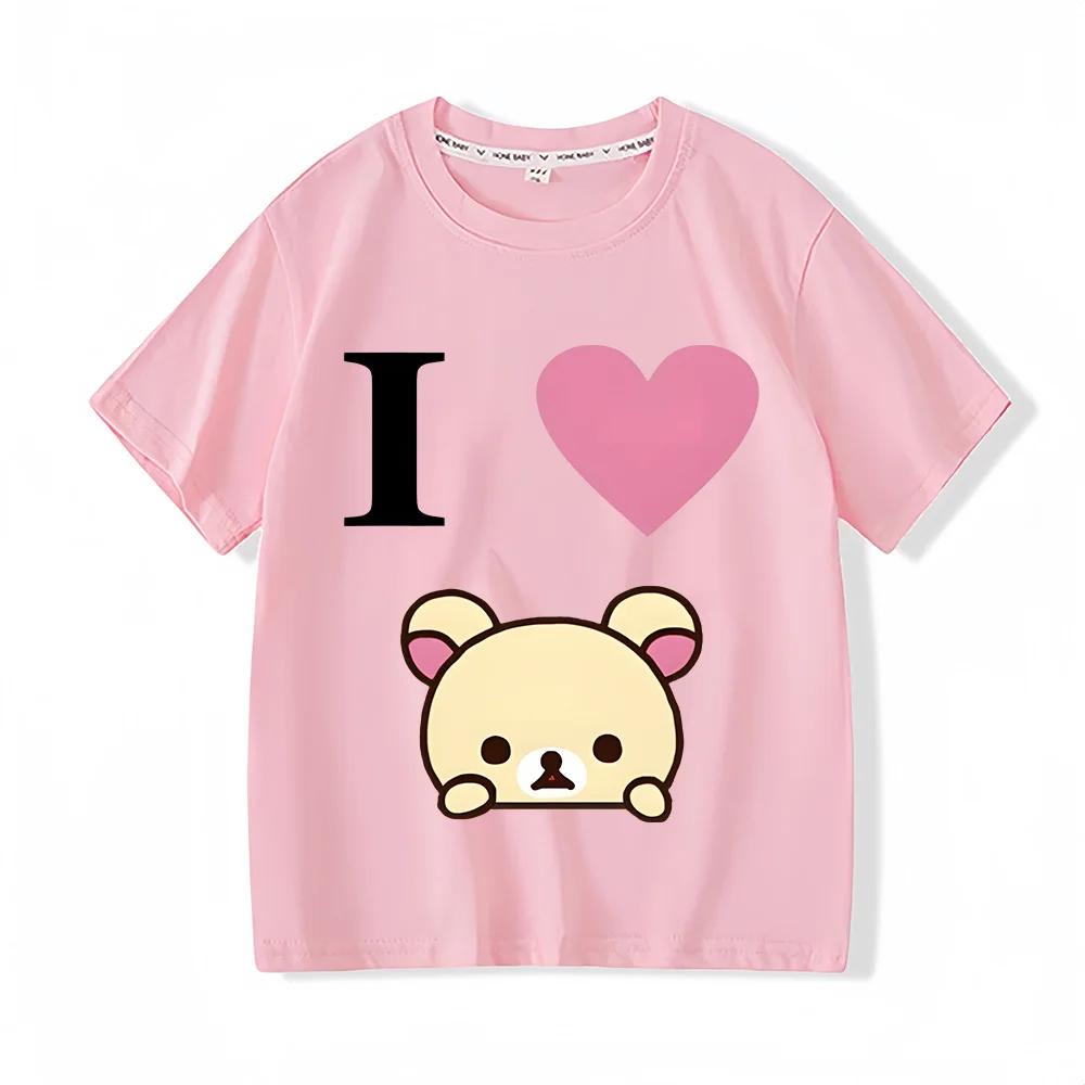 L Love Rilakkuma 그림 티셔츠, 소년 소녀, 어린이 의류, 만화 반팔, 스포츠 패션, 스트리트웨어, 만화 및 만화 티셔츠