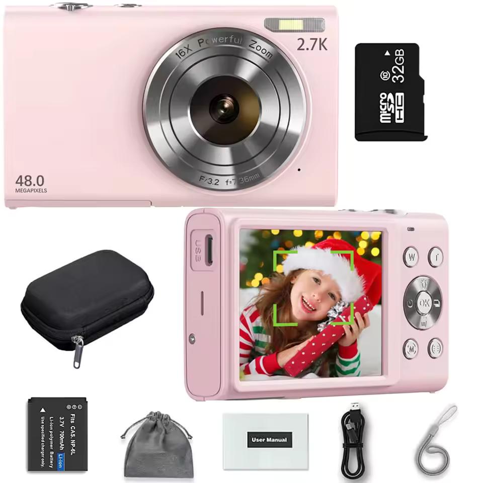 2.7K 디지털 카메라 자동 초점 블로깅 카메라 HD 48MP, 2.8인치 대형 스크린 캠코더 카메라, 어린이 성인용 사진 촬영용