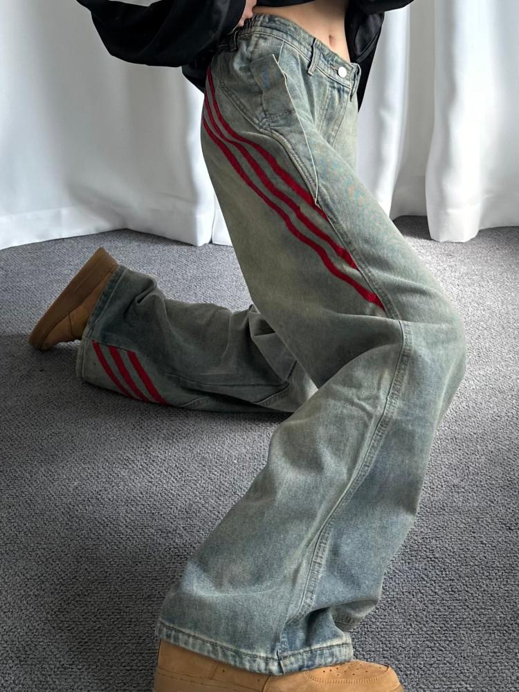 [유카리] 빈티지/유니크 레드 트랙 데님 팬츠