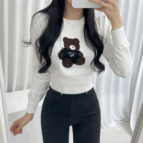 *당일발송* 짱귀 곰돌이 라운드 크롭 니트 티