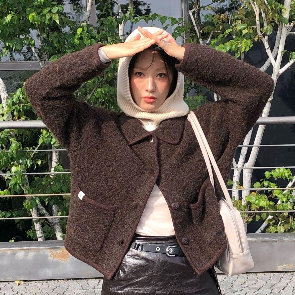 리사이클 부클 카라 버튼업 니트 자켓_COCOA