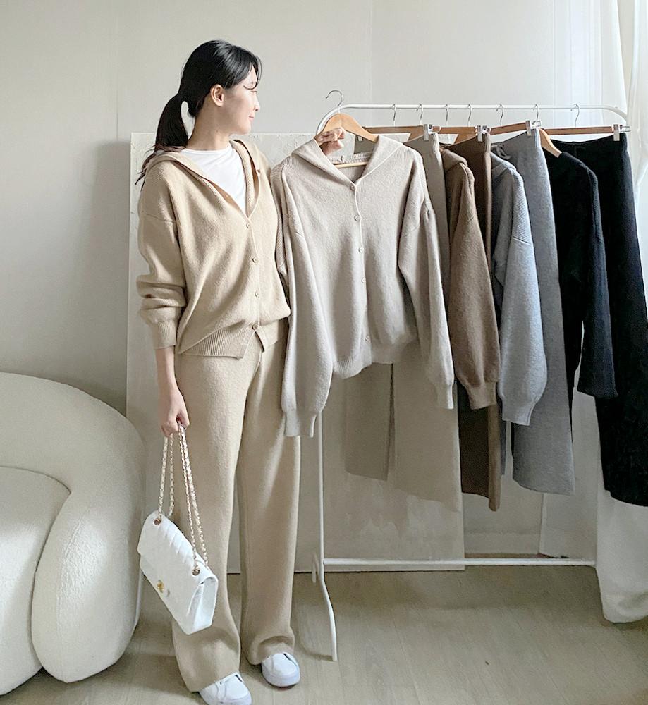 (바로배송) [공장직영제작] 5color 울 후드 단추 니트 바지 팬츠 세트