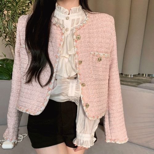 [가을신상/가을자켓/하객룩] 라운드넥 배색 골드버튼 긴팔 크롭  트위드 자켓 가을신상 가을자켓 결혼식 하객룩 데이트룩 캠퍼스룩 여행룩 소풍룩 파티룩 연말룩