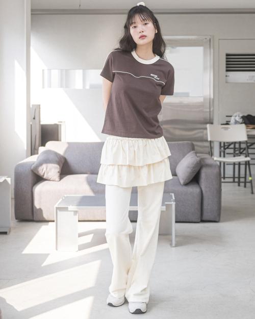 RIBBON LAYERED SWEAT SKIRT PANTS(CREAM)