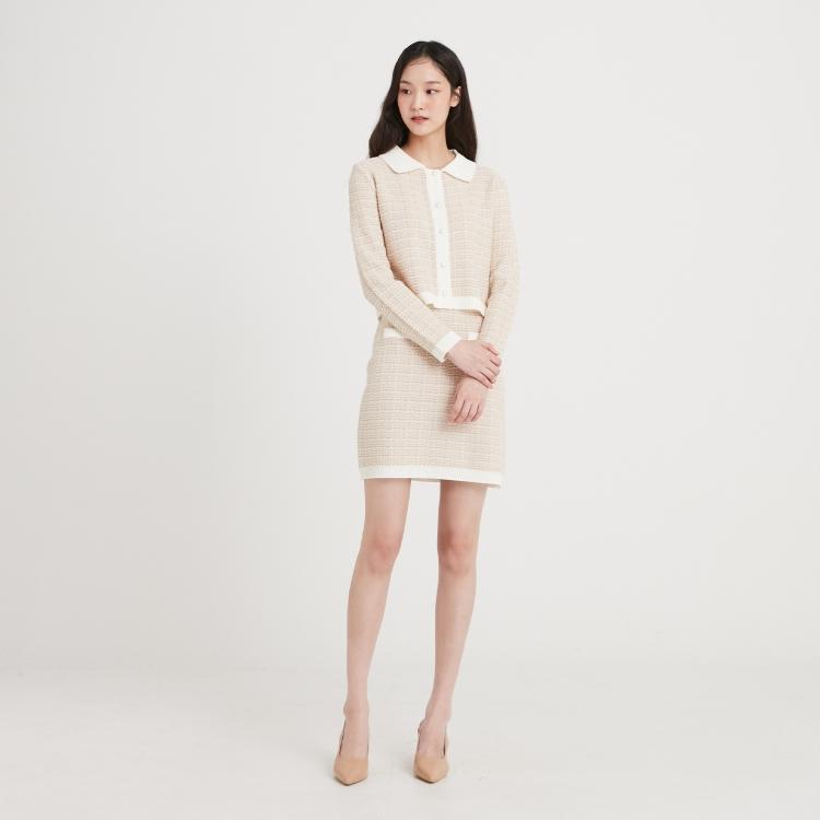 배색 트위드형 니트 가디건 & 스커트 세트 AN1EX241