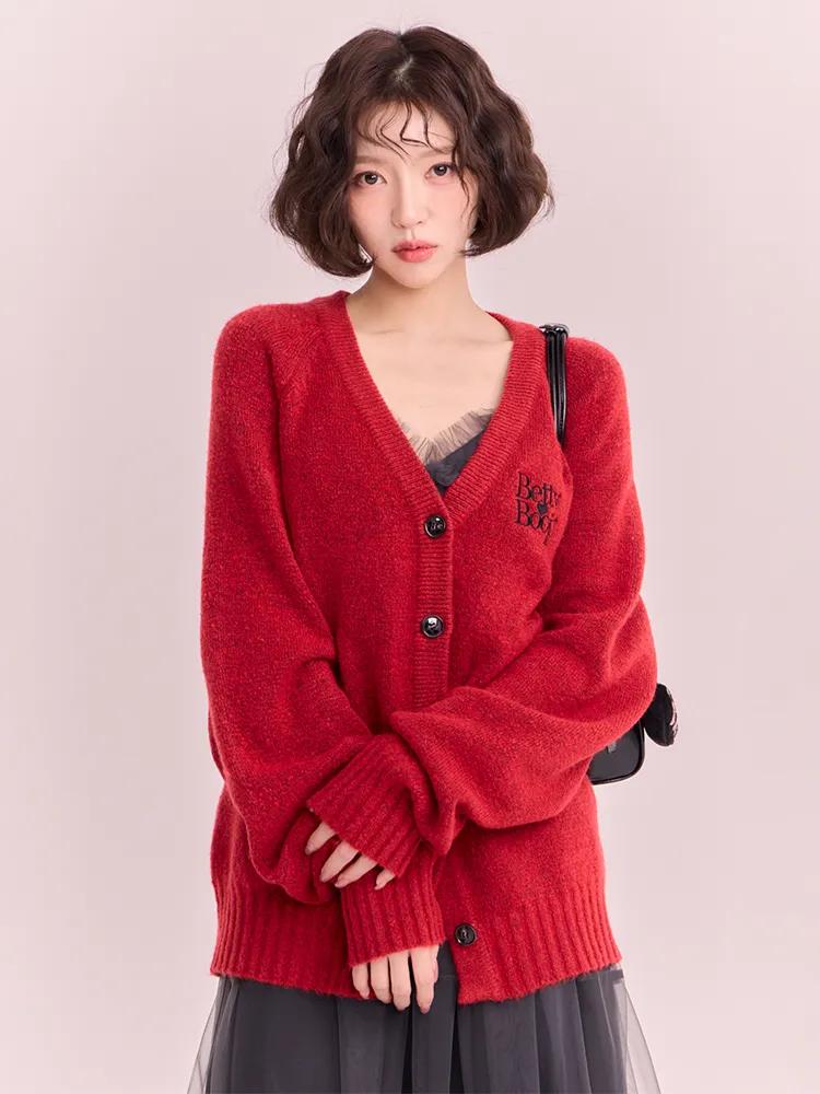 베티붑 오버핏 브이넥 니트 가디건_레드