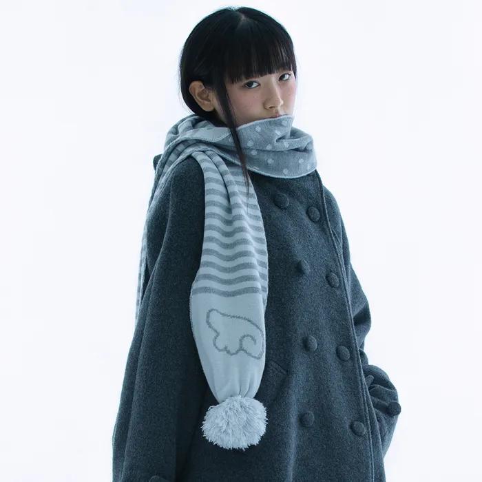 Angel wing stripe pom-pom muffler (Gray)