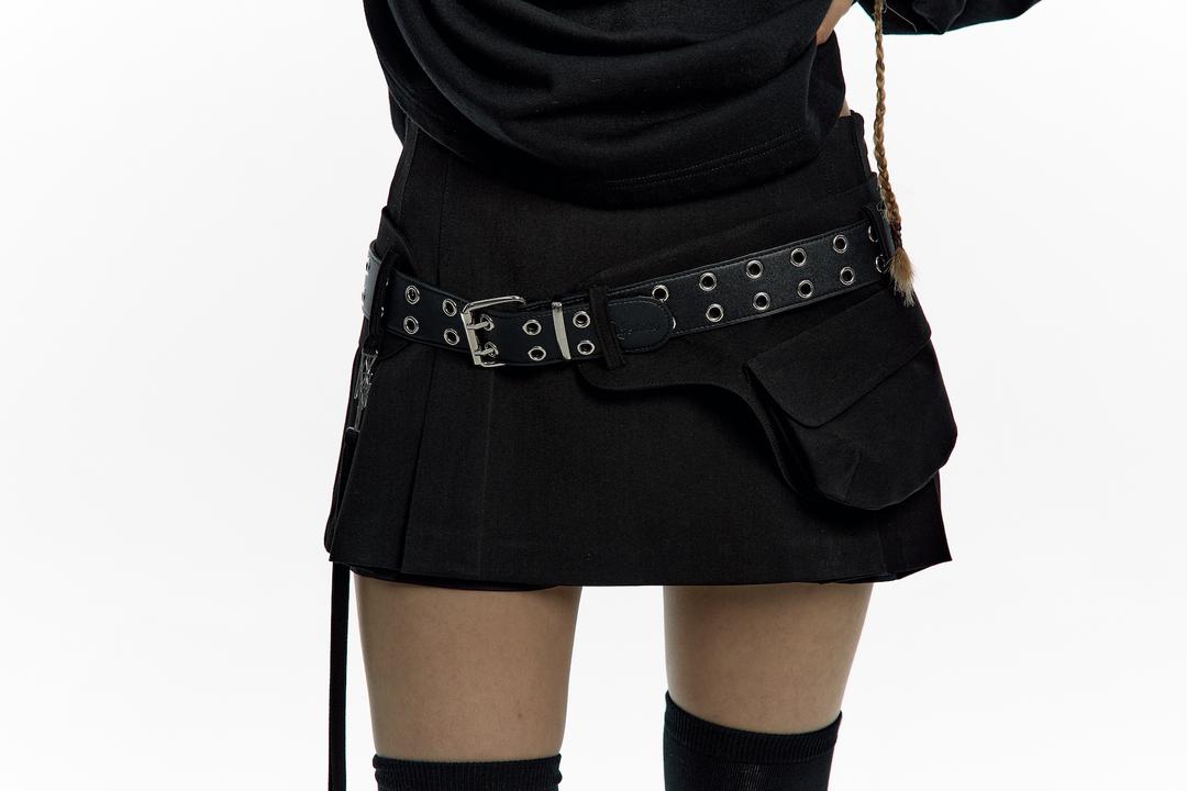 Pleats Pocket Belt Mini Skirt Black