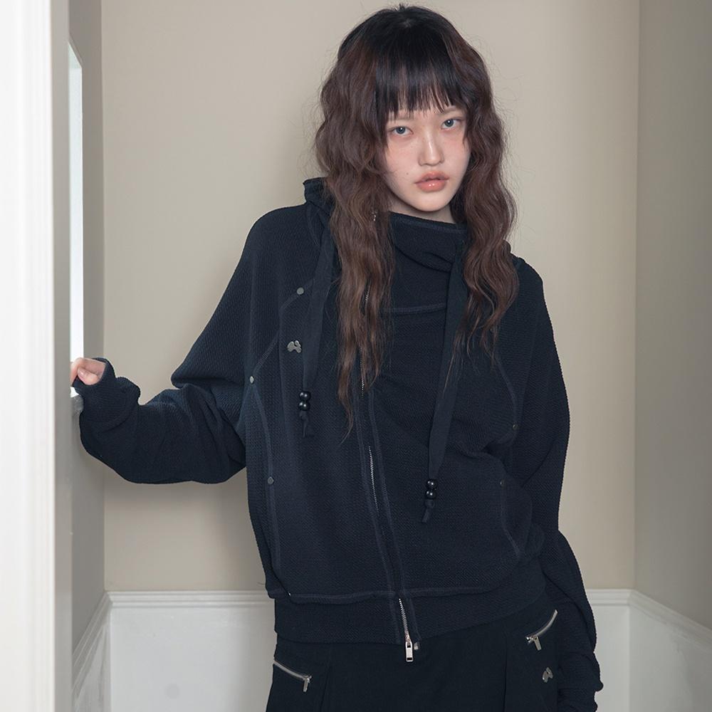 Shirring high-neck hoodie zip-up (Black)
