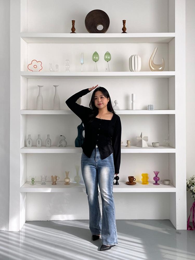 빅사이즈) 99스퀘어넥 사선 긴팔티