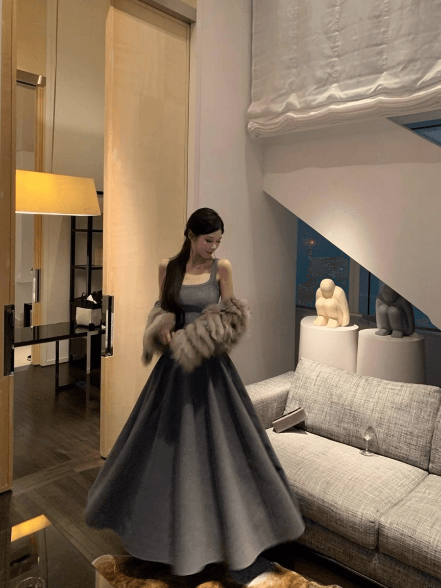 스트립 소프트 탑 롱 플레어 스커트 세트