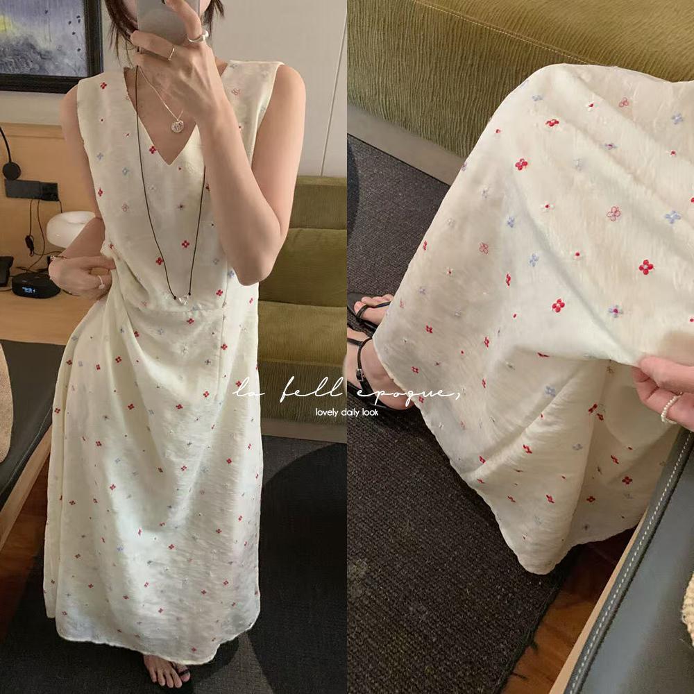 올슨 여름 브이넥 슬림 A라인 플라워 자수 쉬폰 나시 원피스