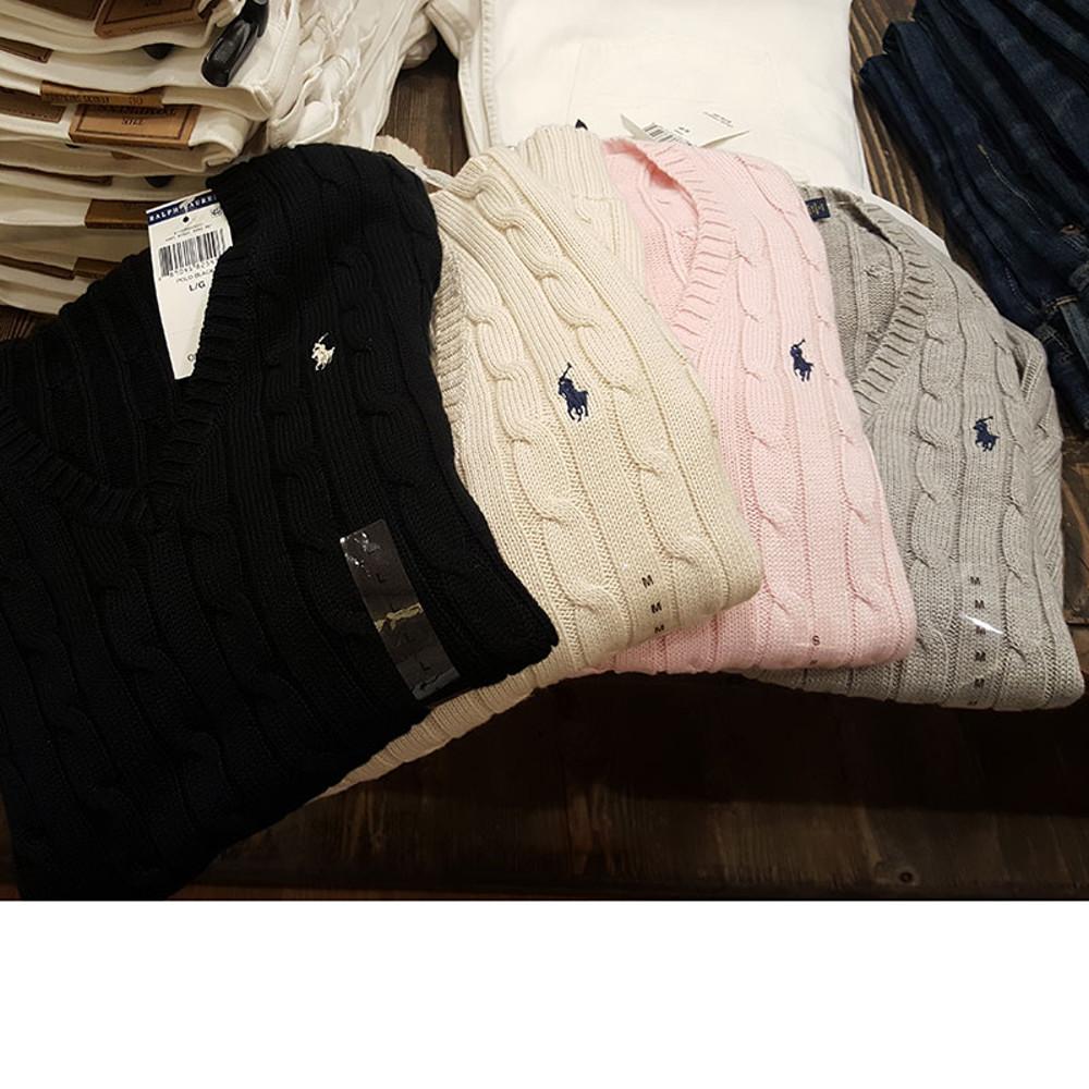 폴로 여성 브이넥 꽈배기니트 (5가지) Cotton V-neck Cable Sweater