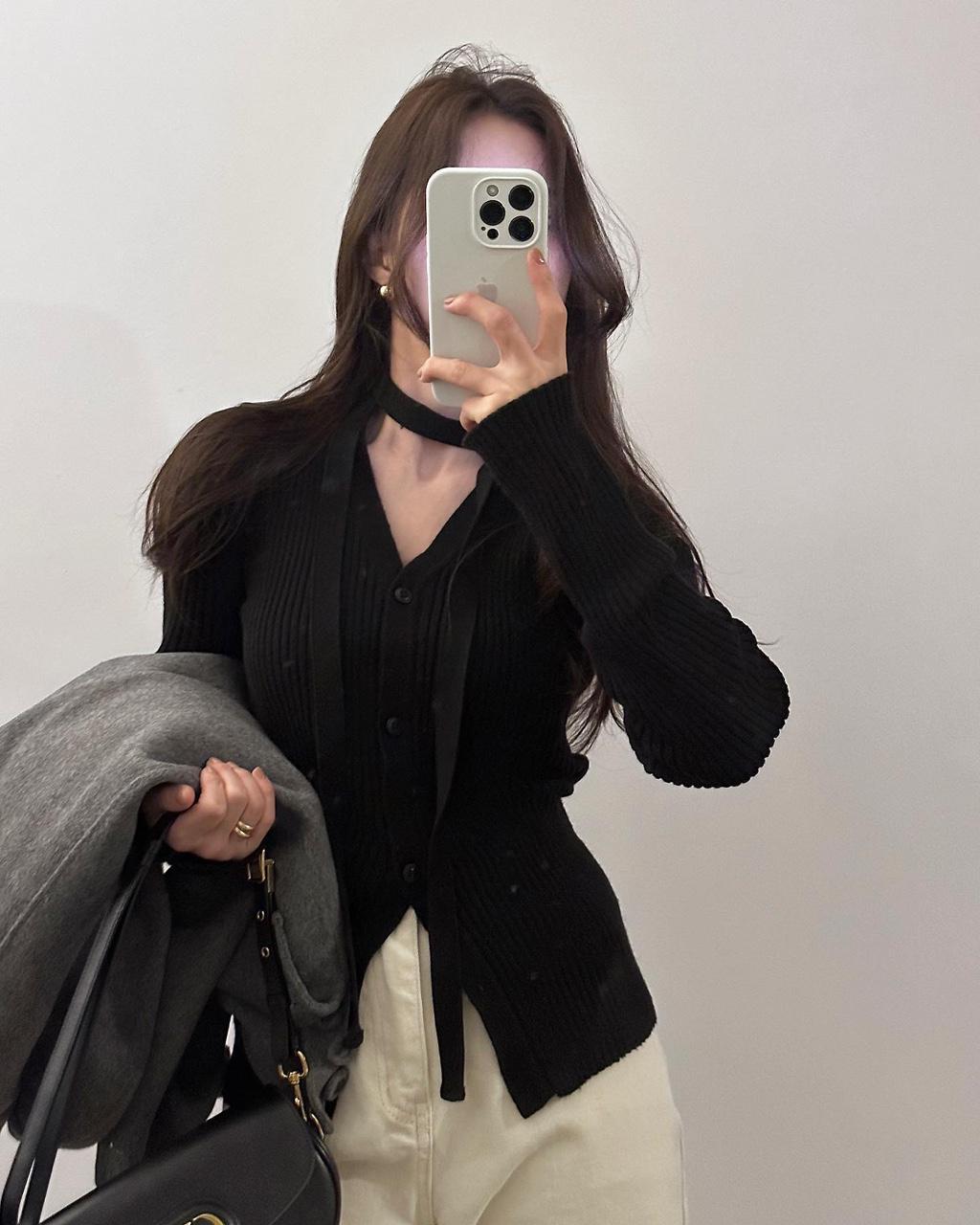 머본 여성 브이넥 골지 타이 머플러 리본 발레코어 니트가디건