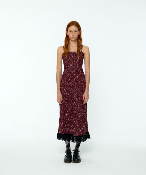 Check Flower Slim Long Dress (burgundy)