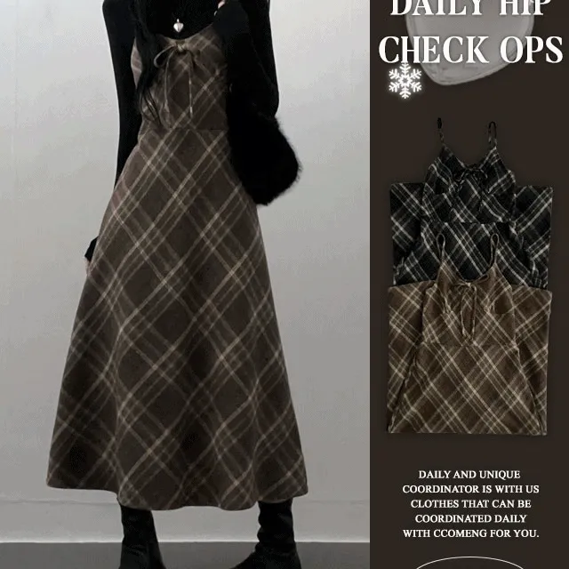 [러블리🖤/끈조절가능!]베카리본체크뷔스티에끈롱원피스(2color)