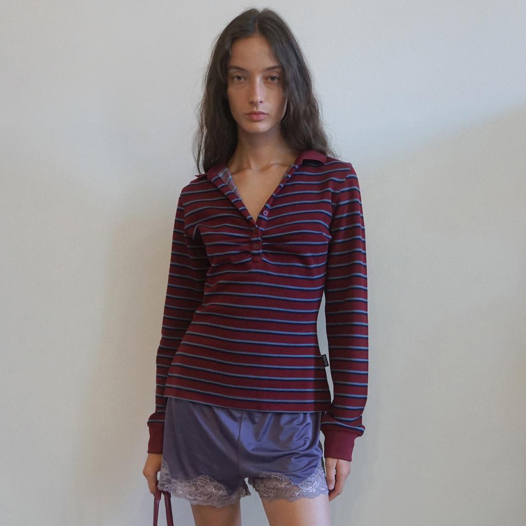 [30% 쿠폰]Shirring Tennis Shirt Wine Stripe