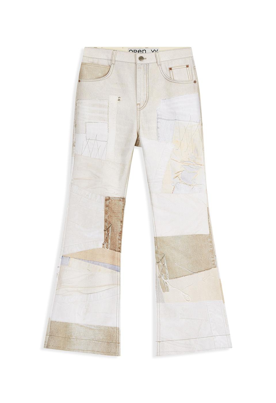 PATCHWORK EFFECT LOOSE BOOTCUT, BEIGE