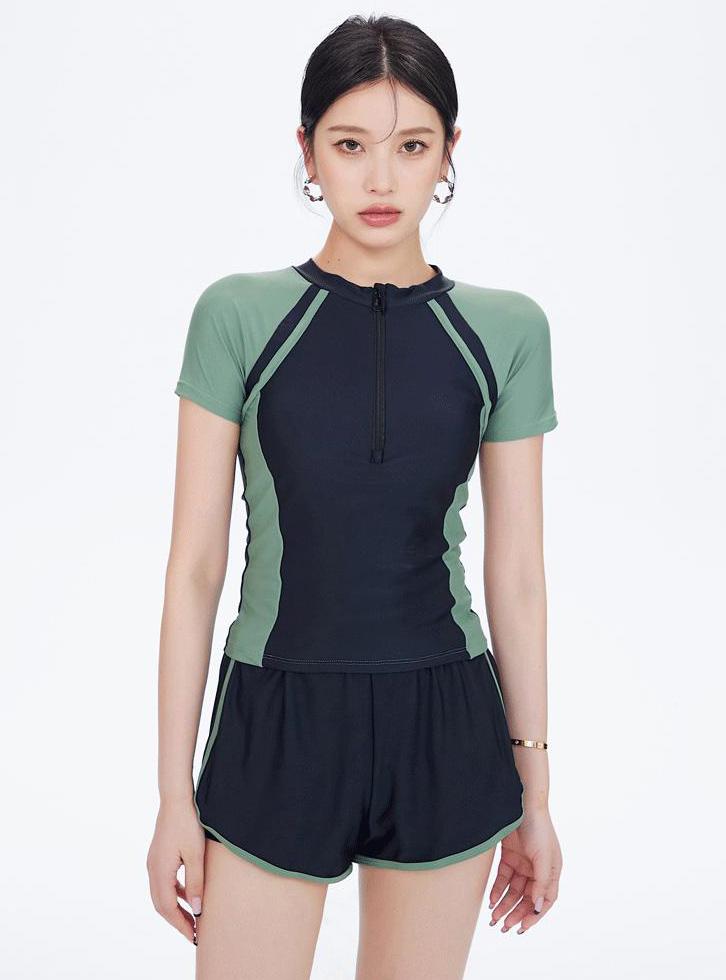 래쉬가더 그린 바캉스 야외 수영장 반집업 상의+수영복 팬츠 수영복 세트