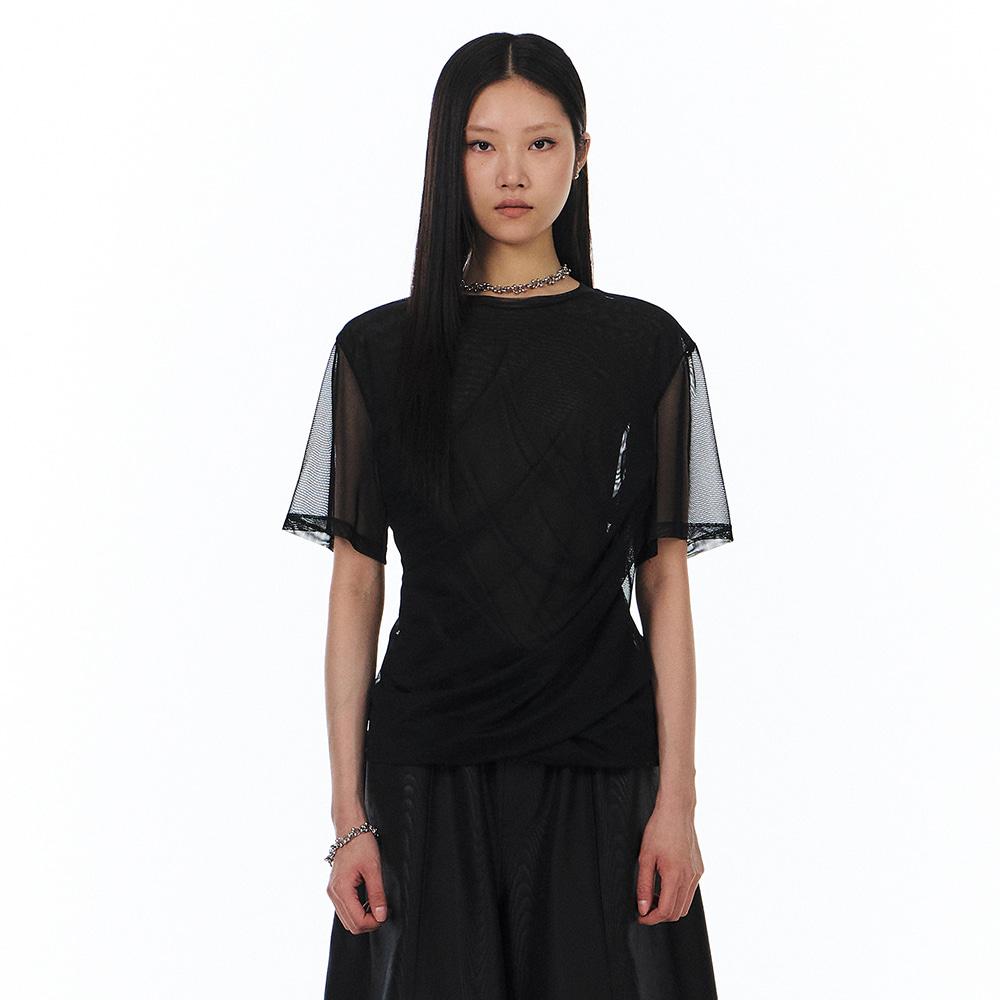 Mesh Oblique Shirring Top (Black)