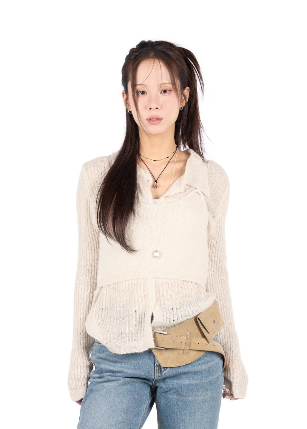 릿킴 SLIM COLLAR BUTTON CARDIGAN (set)