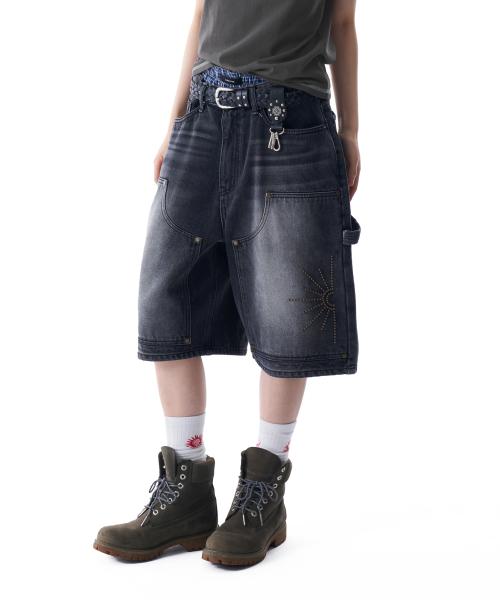 Washed Double Knee Bermuda Denim Pants (Black)