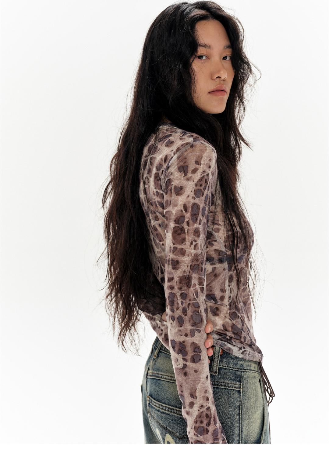 OINIMI stained leopard print vintage mesh t-shirt 레오파드 호피 빈티지 시스루 메쉬 티셔츠