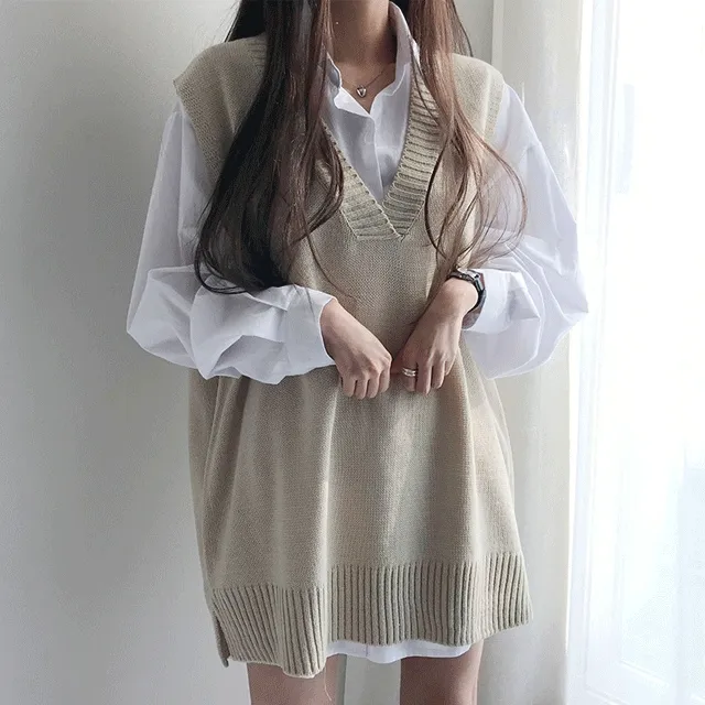 [44-100] 스쿨룩 오버핏 브이넥 니트 롱 조끼