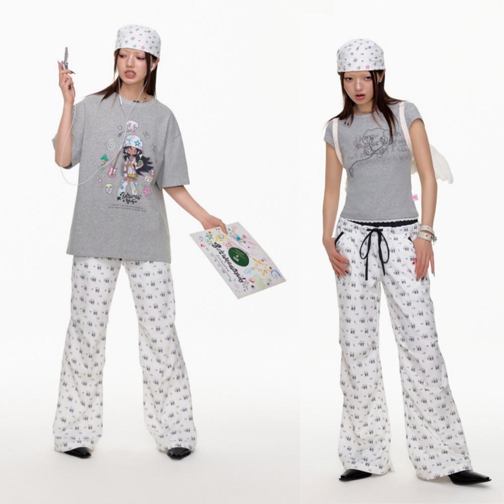 BETWEENAND 캐릭터 프린팅 팬츠 루즈핏 스트링 추리닝 바지 이중 허리라인 팬츠