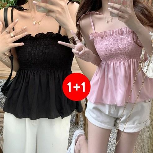 마쿠쿠 1+1 세트 플레어 탱크탑 주름 스모크 스트랩 튜브탑 오프숄더 나시 민소매 - 상의류 | 쿠팡