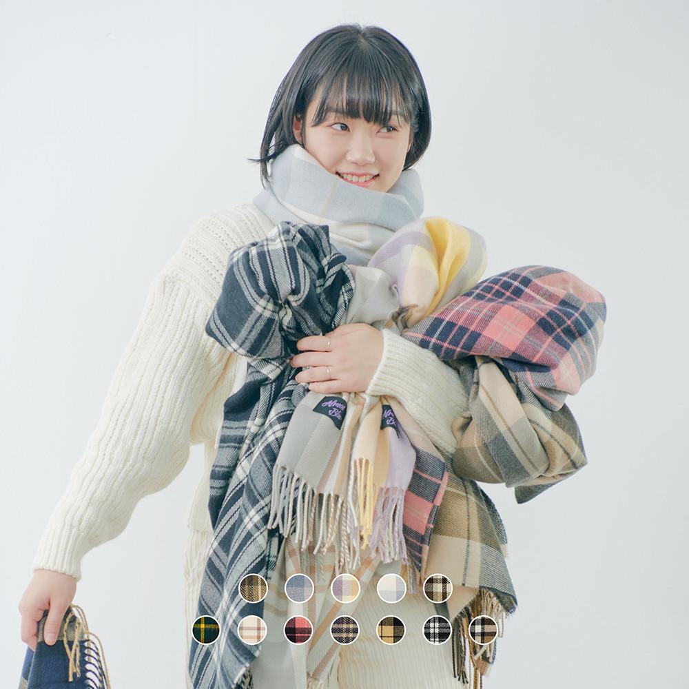 얼모스트블루 플레인 체크 머플러 목도리