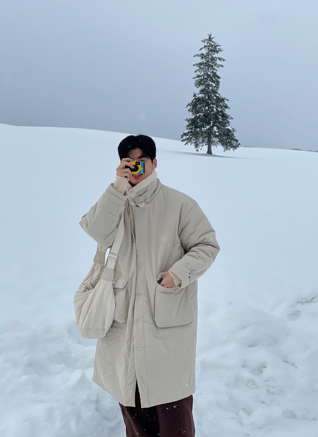 Simmering 시머링 크림 무스탕 남자 여자 공용 아이보리 화이트 롱 야상 패딩 점퍼