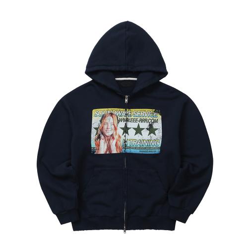 Sound Wave Artwork Damage Washing Hoodie Zip-up Navy