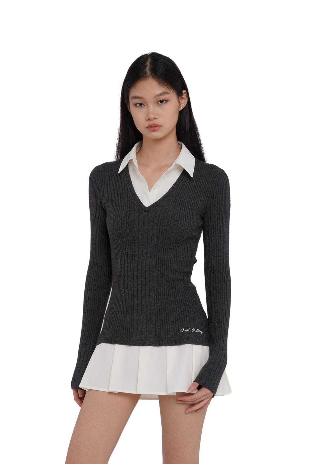 PATCHWORK PLEATED MINI DRESS （FAKE-2-PIECE） - XS / DARK GREY