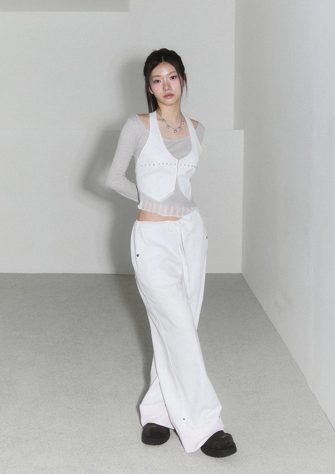 lace layered roll up denim - white