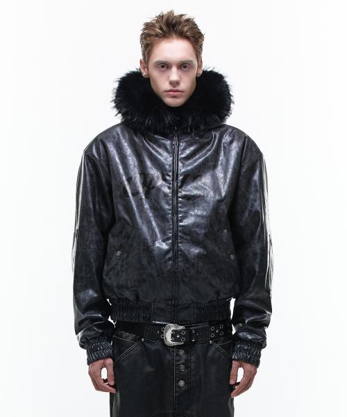 Op. 00 OP-USA HOODED LEATHER BOMBER BLACK