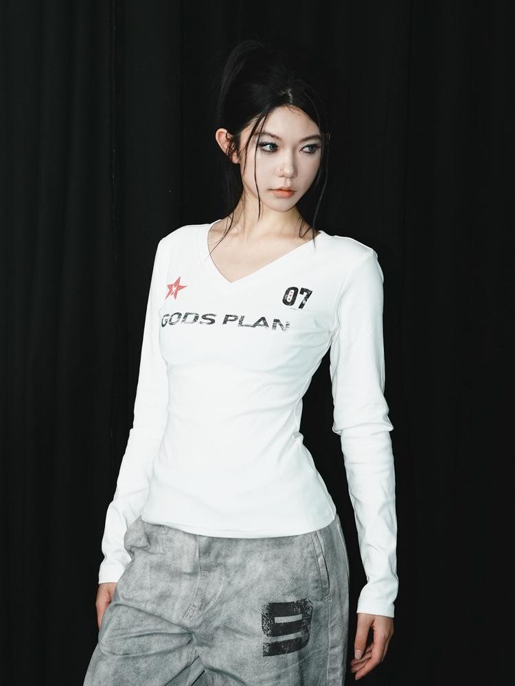 Gods Plan Niche V-neck digital print slim fit long sleeve