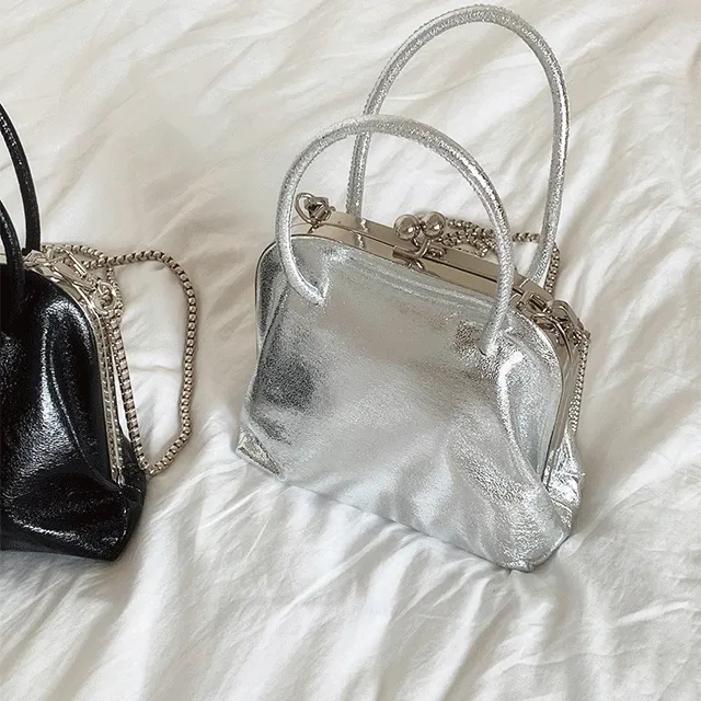 (오늘출발)글리터 프레임 미니백 glitter frame mini bag 2color / 똑딱이가방 투웨이백 실버체인크로스백 실버토트백