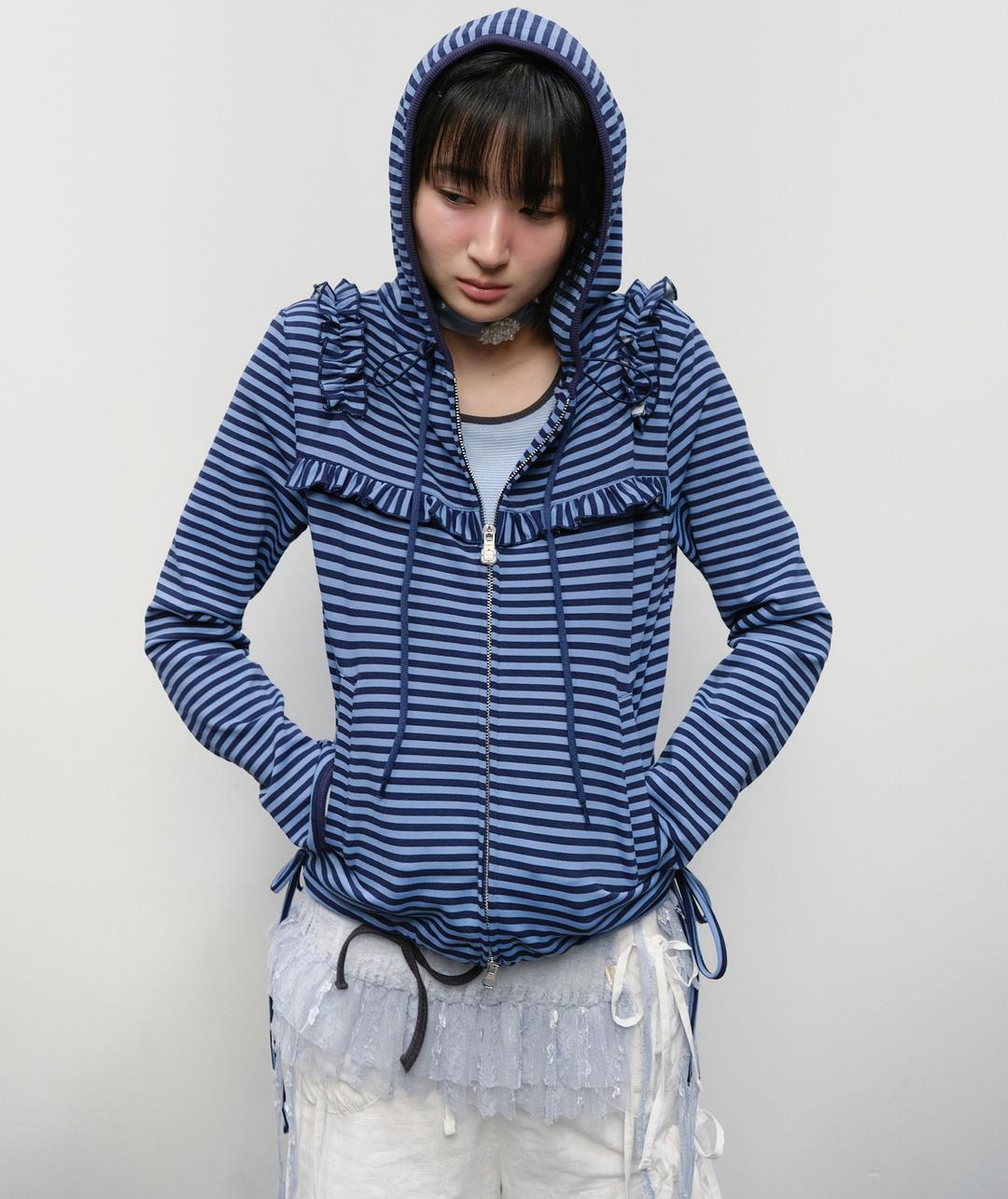 Ruffled Stripe Zip Hoodie [Blue]