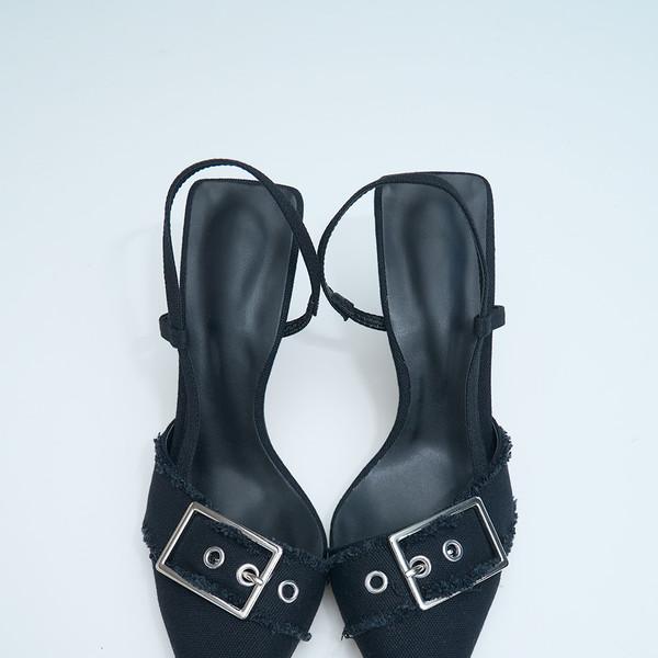 Distressed Denim Buckle Slingbacks (Black/9cm)