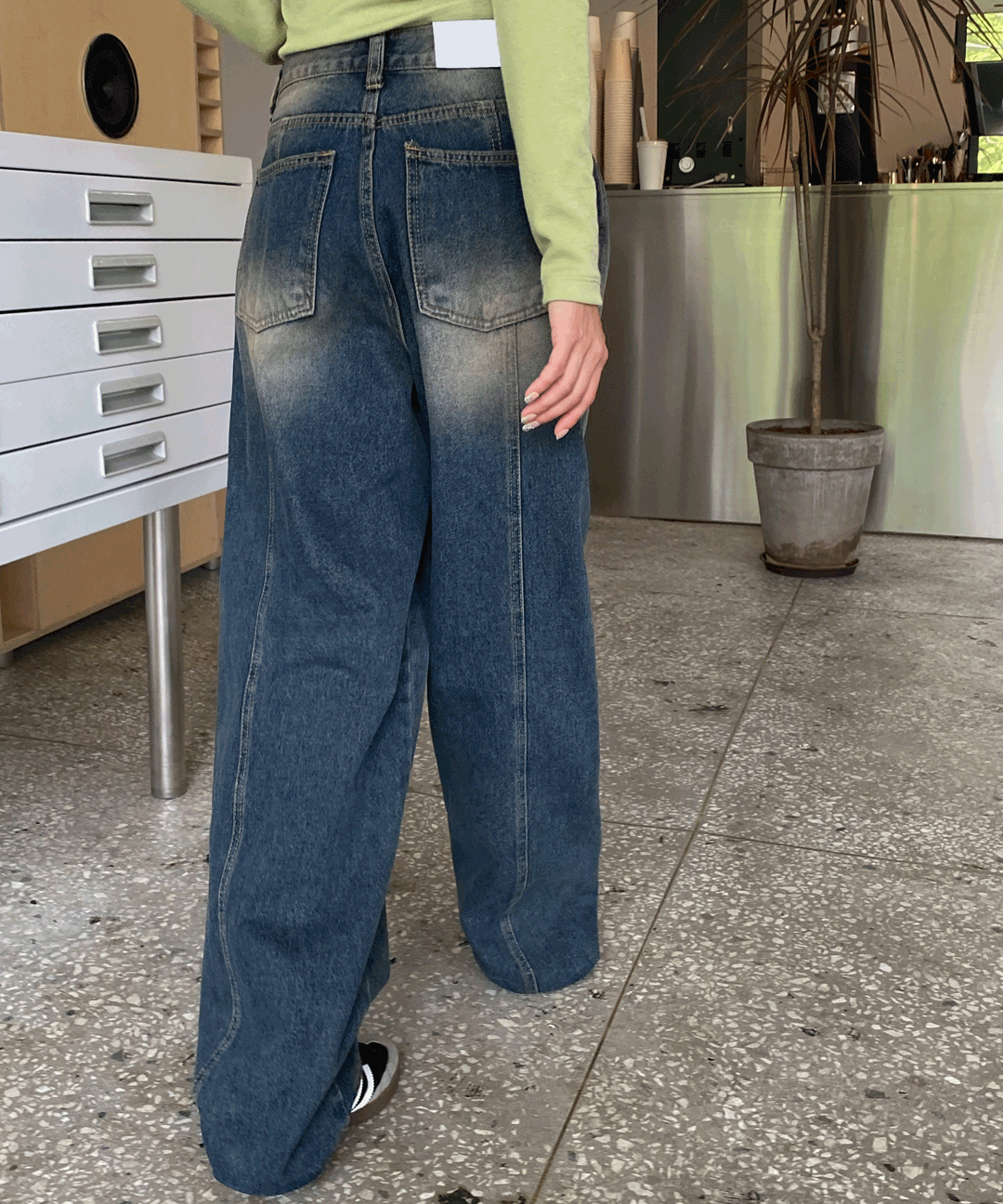 레인 벌룬 절개 데님 와이드 팬츠