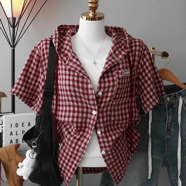 [빈티지체크,너드룩!/박스핏 라벨패치포켓 후드셔츠] 반팔빈티지체크후드셔츠