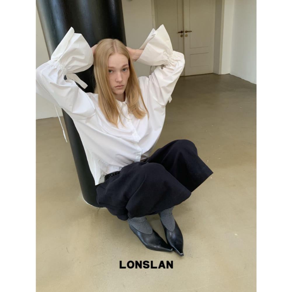 LONSLAN 셔츠 화이트 블라우스 커프 드로스트링 화이트 셔츠
