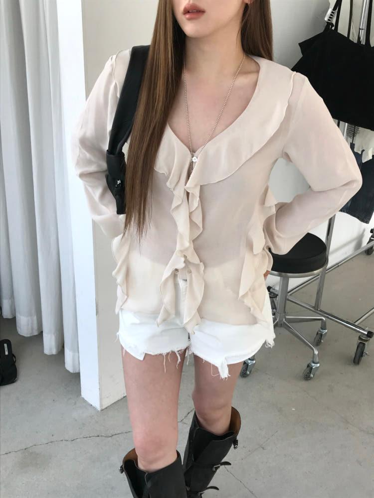 Nuese 누즈 로지 프릴 브이넥 긴팔 블라우스 (3colors)