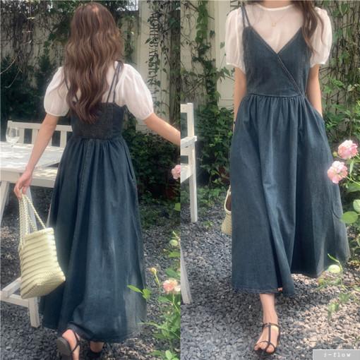 카프리 데님 브이넥 뷔스티에 스모크밴딩 롱원피스 (진청) 가을 여름 레이어드 제이플로우