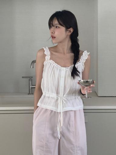 베르가못 셜리 블라우스 코튼 슬리브리스 스트링 프릴 나시 bl (2col)