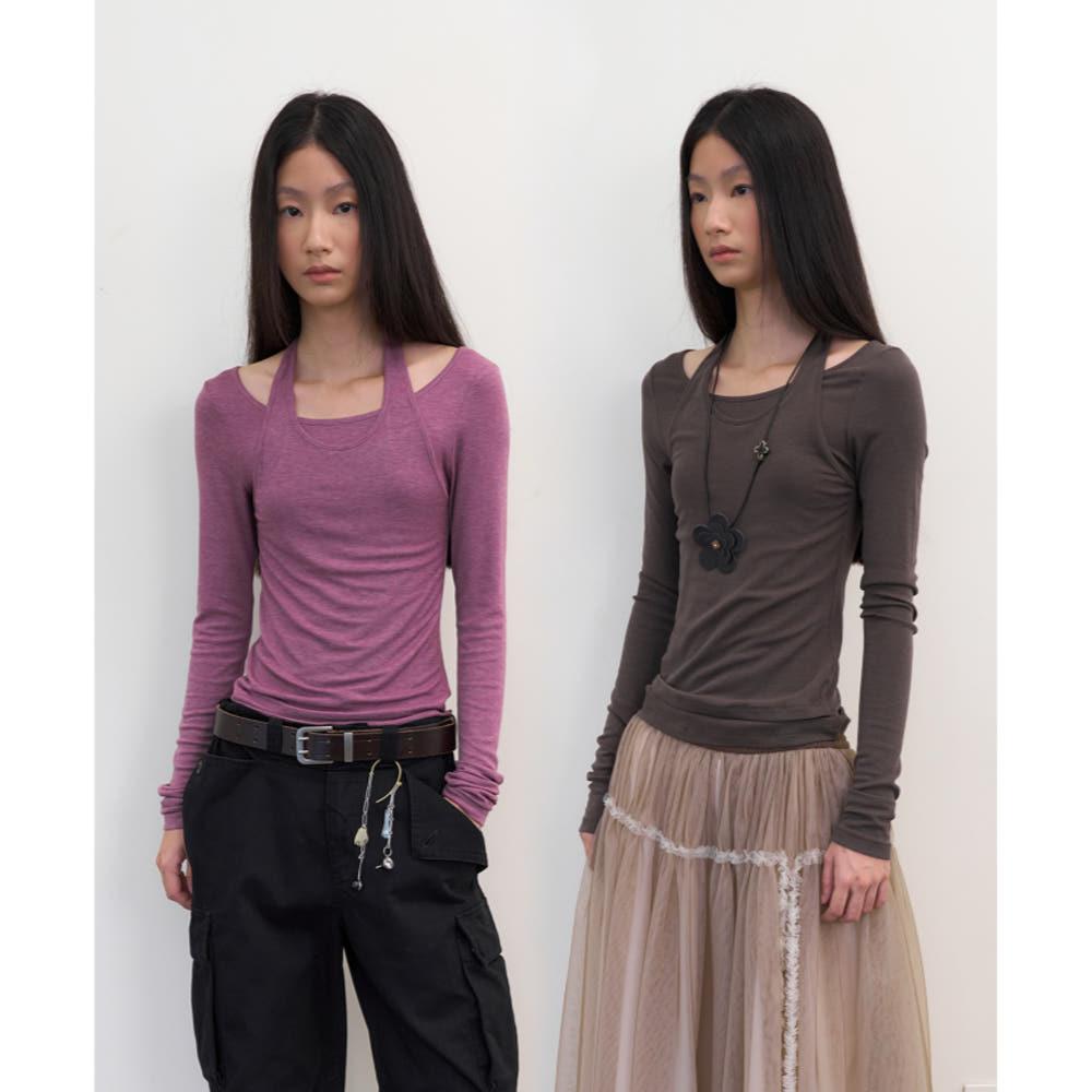 NEVERSEEZ 티셔츠 캐주얼 패치워크 바텀 긴팔티 2COLOR