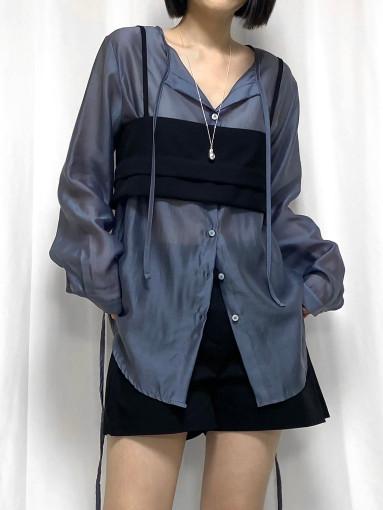 실크 시스루 스트랩 블라우스 (3color)